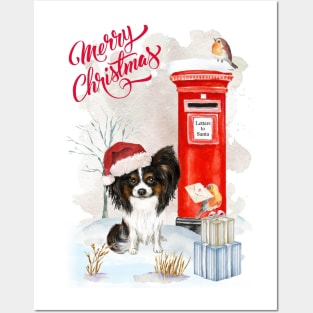 Black And White Papillon Merry Christmas Santa Dog Posters and Art